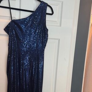 David Meister Navy Sequin One-Shoulder Gown